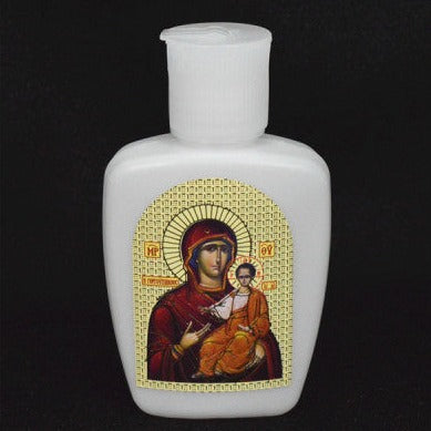 White Flat Orthodox Holy Mother Mary & Jesus Christ Icon Plastic Holy Water Bottle