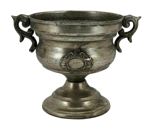 Brushed Antique Silver Metal Urn Vase with Fleur Emblem & Ornate Handles Flowers Vase Champagne Bucket