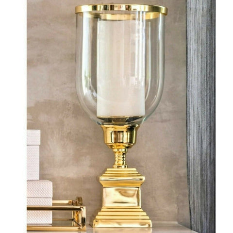 Large Gold Square Based Hurricane Pillar Candle Holder Lantern with Glass Top Elegant Gold Rim elegant home decor