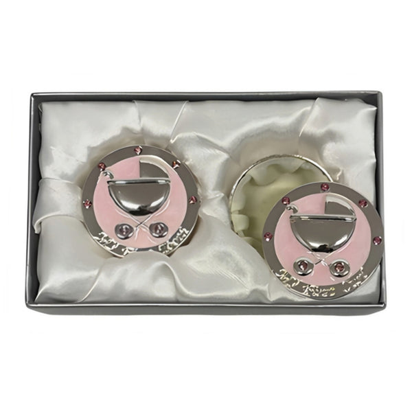 Set 2 Pink & Silver Pram Baby Girl First Tooth & Curl Keepsake In Satin Gift Box