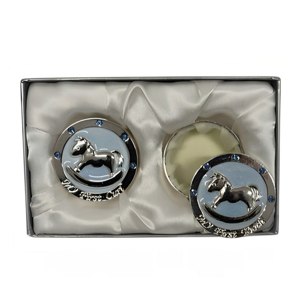 Set 2 Blue & Silver Rocking Horse Baby Boy First Tooth & Curl Keepsake In Satin Gift Box