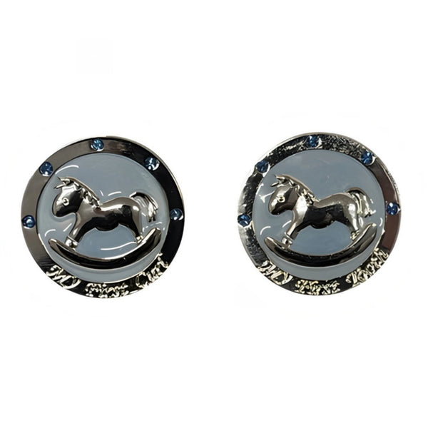 Set 2 Blue & Silver Rocking Horse Baby Boy First Tooth & Curl Keepsake In Satin Gift Box