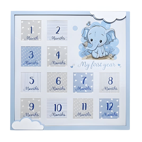 Large Blue Baby Boy Wooden Elephant My First Year 12 Months Multi Collage Photo Frame