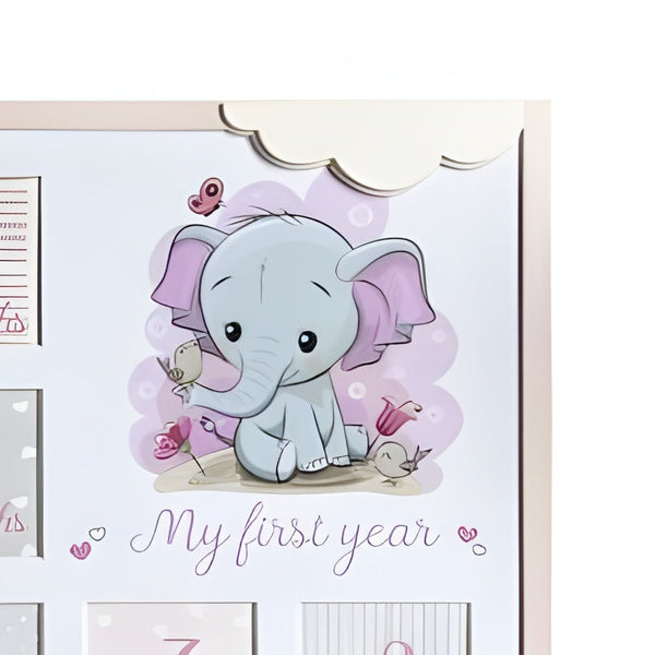 Large Pink Baby Girl Wooden Elephant My First Year 12 Months Multi Collage Photo Frame