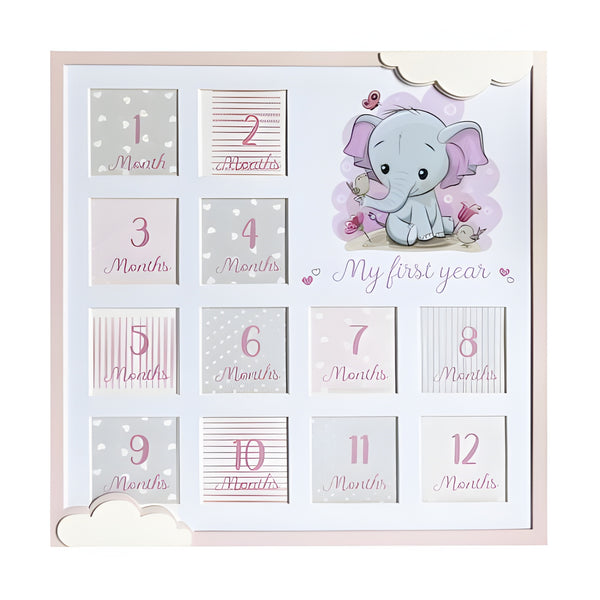 Large Pink Baby Girl Wooden Elephant My First Year 12 Months Multi Collage Photo Frame