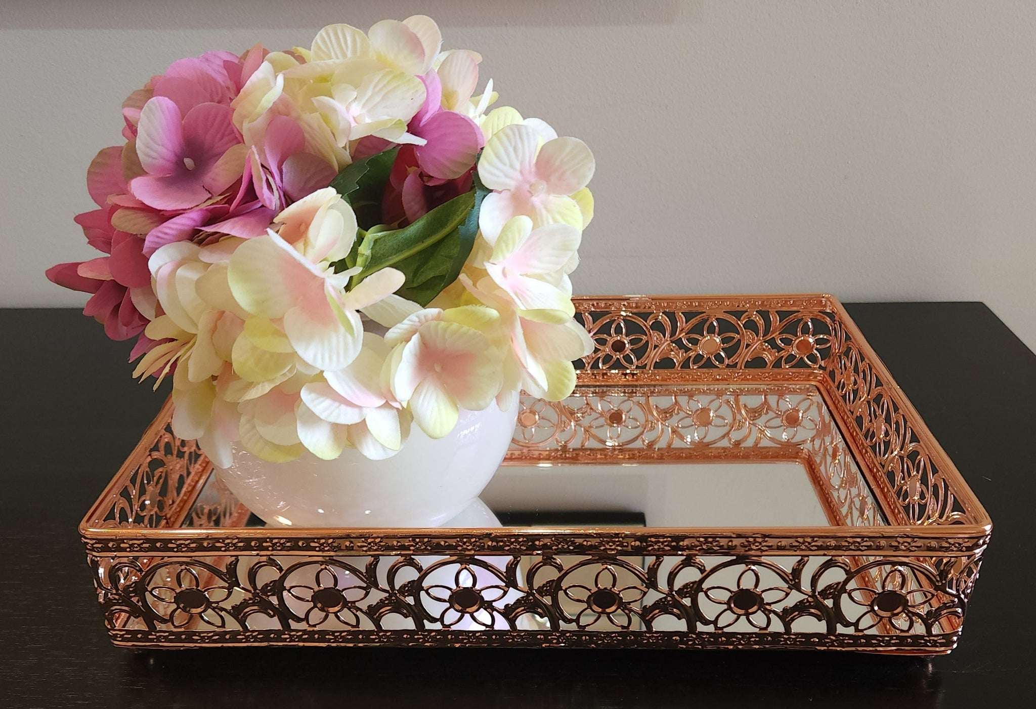 Rose Gold Rectangle Decorative Ornate Mirror Tray- 30cm x 20cm