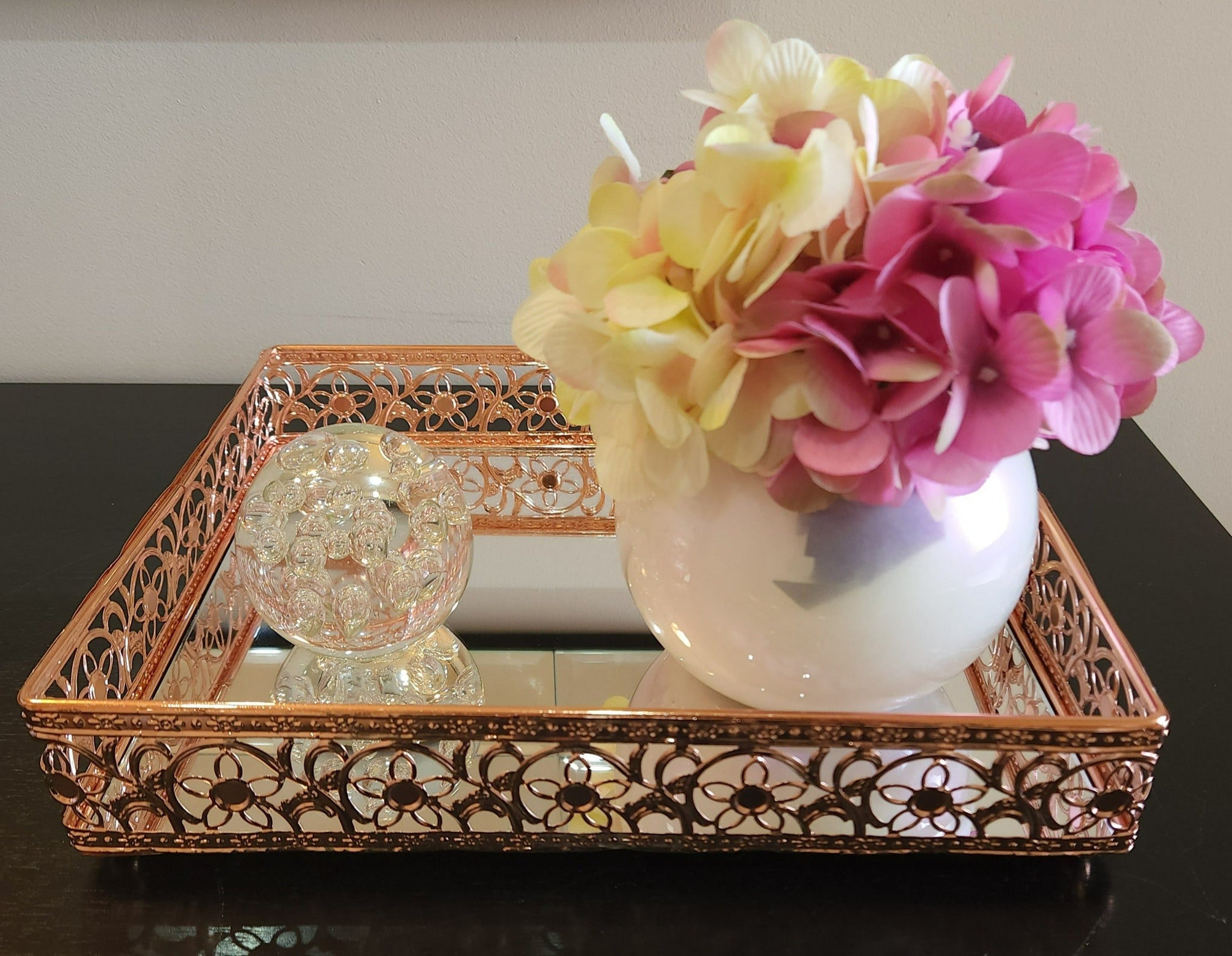 Rose Gold Rectangle Decorative Ornate Mirror Tray- 30cm x 25cm