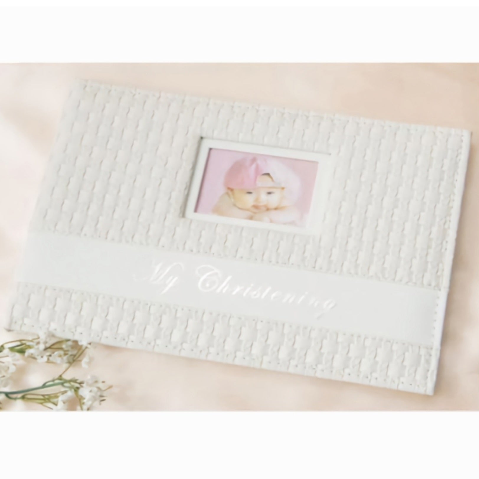 White My Christening Rattan Leather Cover & Frame Guest Book in Gift Box