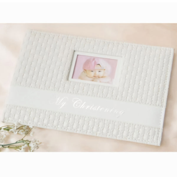 White My Christening Rattan Leather Cover & Frame Guest Book In Gift Box