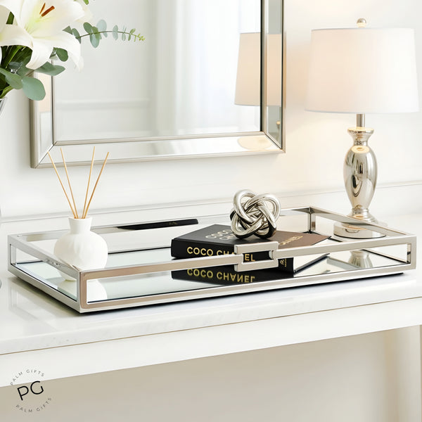 Silver Plated Rectangle Decorative Deluxe Single Buckle Mirror Tray