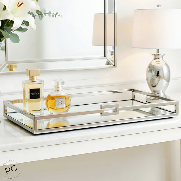 Silver Plated Rectangle Decorative Deluxe Single Buckle Mirror Tray