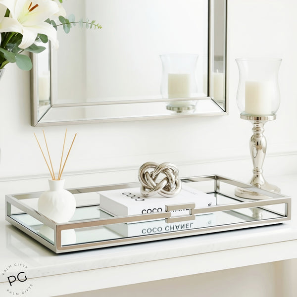 Large Silver Plated Rectangle Decorative Deluxe Single Buckle Mirror Tray