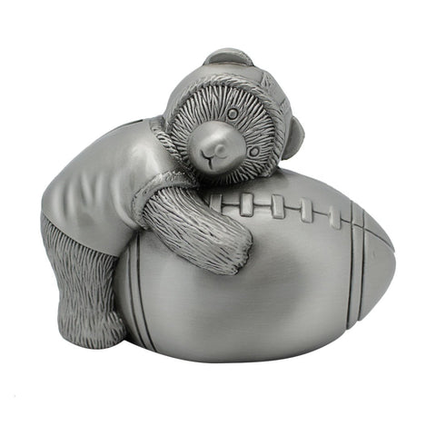 CHILDRENS Teddy Bear holding a Football SILVER PEWTER MONEY BOX BABY SHOWER CHRISTENING NEWBORN GIFT