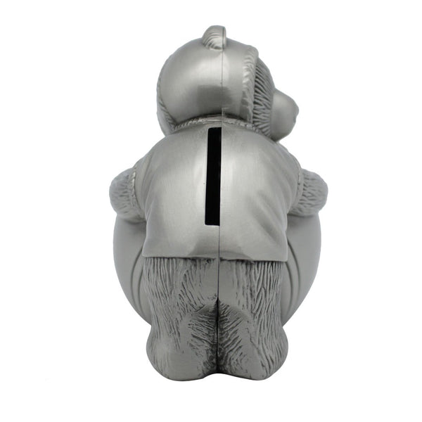 CHILDRENS Teddy Bear holding a Football SILVER PEWTER MONEY BOX BABY SHOWER CHRISTENING NEWBORN GIFT