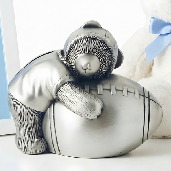 Children's Silver Pewter Teddy Bear Holding Football Money Box
