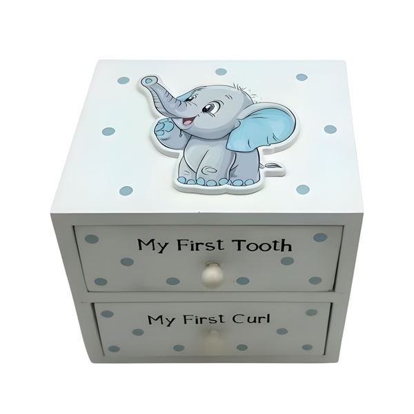 white and blue wooden baby keepsake box It features two drawers labelled 'My First Tooth' and 'My First Curl', featuring a cute Grey & Blue 3D elephant decoration on top and small blue love hearts printed. Palm Gifts
