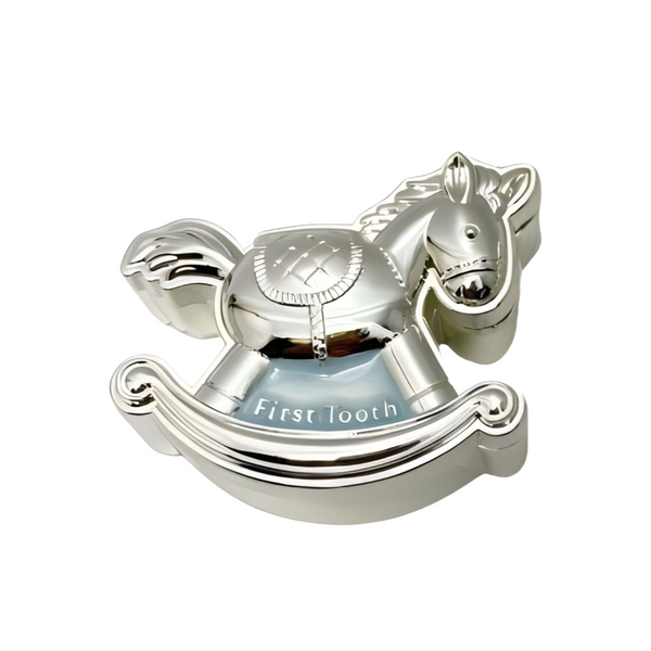 Set 2 Blue & Shiny Silver Rocking Horse Baby Boy First Tooth & Curl Keepsake In Satin Gift Box Palm Gifts