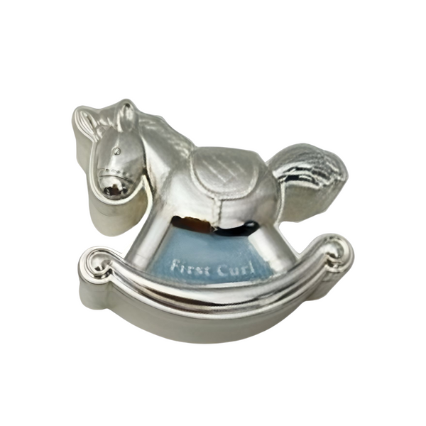 Set 2 Blue & Shiny Silver Rocking Horse Baby Boy First Tooth & Curl Keepsake In Satin Gift Box Palm Gifts