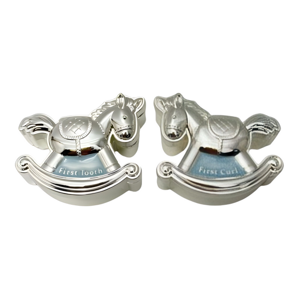 Set 2 Blue & Shiny Silver Rocking Horse Baby Boy First Tooth & Curl Keepsake In Satin Gift Box Palm Gifts