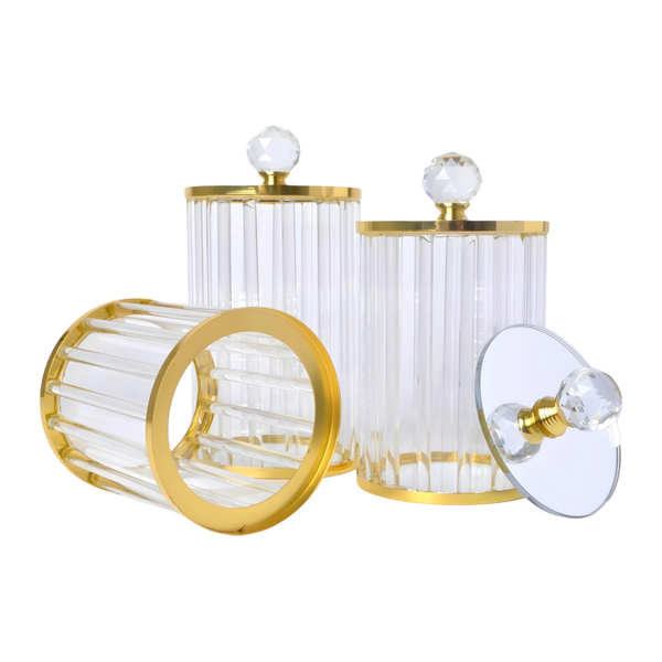 Set 3 Plain Clear Ribbed Glass & Gold Trim Kitchen Canisters Coffee Tea Sugar PALM GIFTS