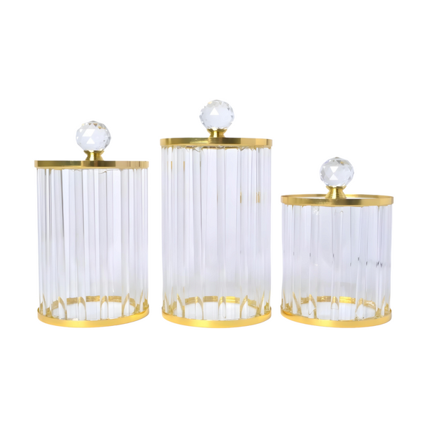 Set 3 Plain Clear Ribbed Glass & Gold Trim Kitchen Canisters Coffee Tea Sugar PALM GIFTS