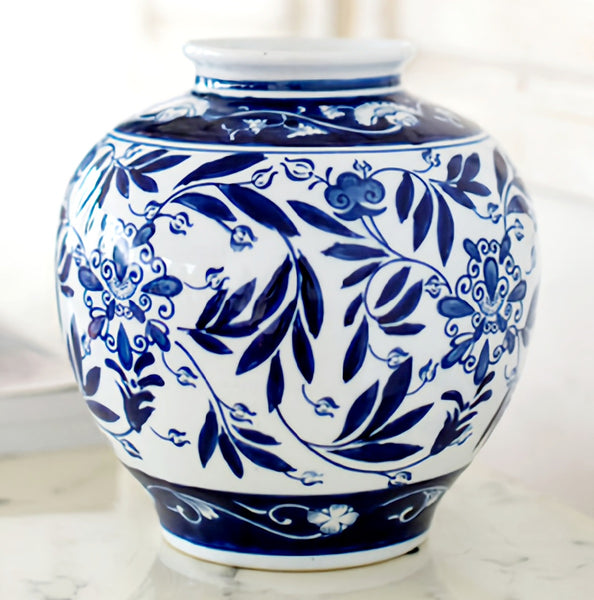 Blue & White Floral Design Ceramic Ginger Decorative Vase