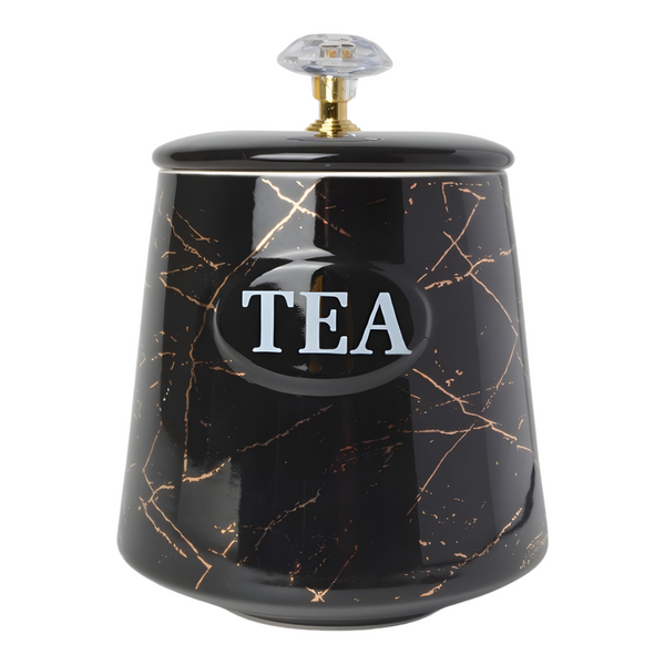 Set of three black ceramic canisters with gold marble design, each labelled for different contents: coffee, sugar, and tea. PALM GIFTS