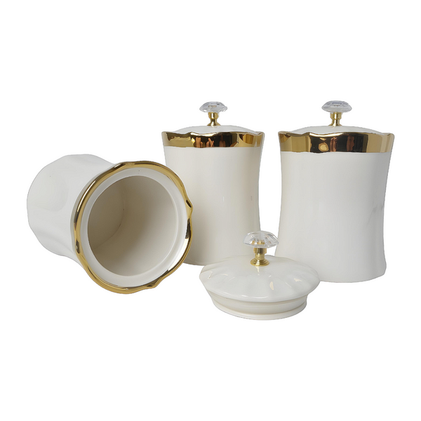 Set 3 Plain White & Gold Trim Ceramic Kitchen Canisters- Coffee Tea Sugar PALM GIFTS