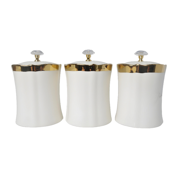 Set 3 Plain White & Gold Trim Ceramic Kitchen Canisters- Coffee Tea Sugar PALM GIFTS