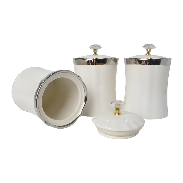 Set 3 Plain White & Silver Trim Ceramic Kitchen Canisters- Coffee Tea Sugar PALM GIFTS