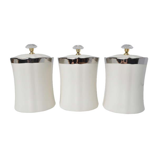 Set 3 Plain White & Silver Trim Ceramic Kitchen Canisters- Coffee Tea Sugar PALM GIFTS