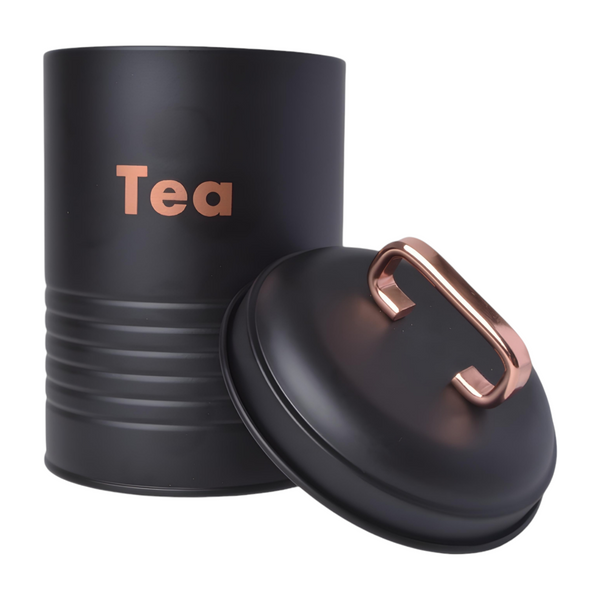 Set of three black metal kitchen canisters with rose gold handles, labelled coffee, tea, and sugar respectively. PALM GIFTS