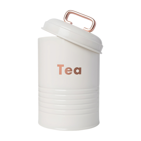 Three white kitchen canisters with rose gold lids, each labelled with a different word: coffee, sugar, and tea. PALM GIFTS