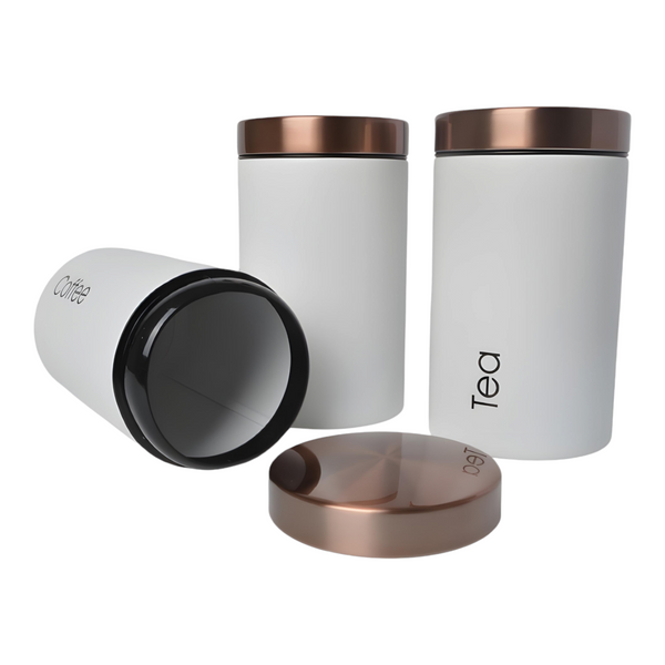 Set 3 White & Rose Gold Lid Metal Kitchen Canisters- Coffee Tea Sugar PALM GIFTS