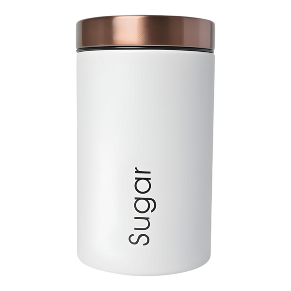 Set 3 White & Rose Gold Lid Metal Kitchen Canisters- Coffee Tea Sugar PALM GIIFTS
