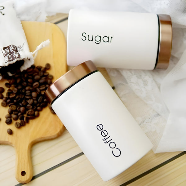 Set 3 White & Rose Gold Lid Metal Kitchen Canisters- Coffee Tea Sugar PALM GIFTS