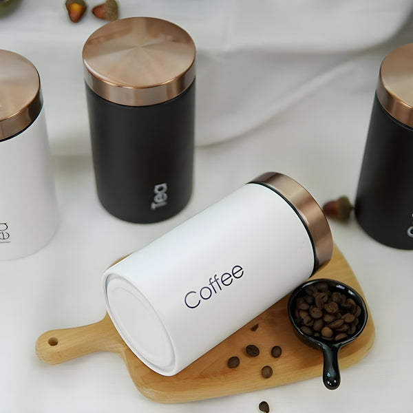 Set 3 White & Rose Gold Lid Metal Kitchen Canisters- Coffee Tea Sugar PALM GIFTS