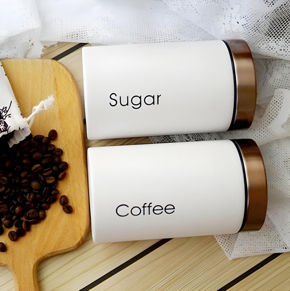 Set 3 White & Rose Gold Lid Metal Kitchen Canisters- Coffee Tea Sugar PALM GIFTS