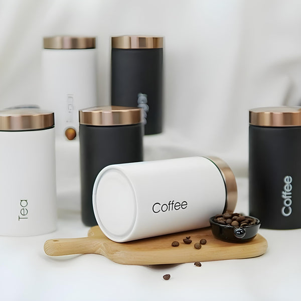 Set 3 White & Rose Gold Lid Metal Kitchen Canisters- Coffee Tea Sugar PALM GIFTS