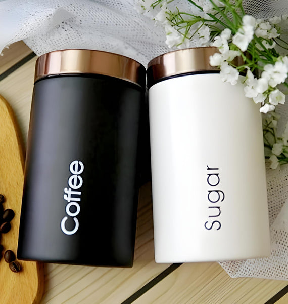 Set 3 White & Rose Gold Lid Metal Kitchen Canisters- Coffee Tea Sugar PALM GIFTS