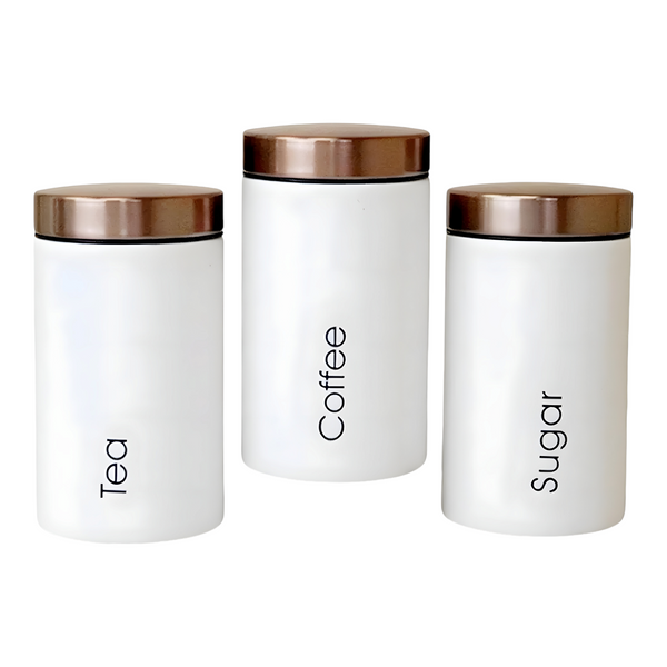 Set 3 White & Rose Gold Lid Metal Kitchen Canisters- Coffee Tea Sugar PALM GIFTS