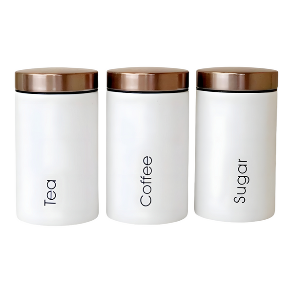 Set 3 White & Rose Gold Lid Metal Kitchen Canisters- Coffee Tea Sugar PALM GIFTS