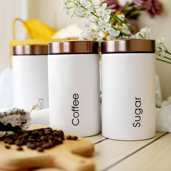 Set 3 White & Rose Gold Lid Metal Kitchen Canisters- Coffee Tea Sugar PALM GIFTS