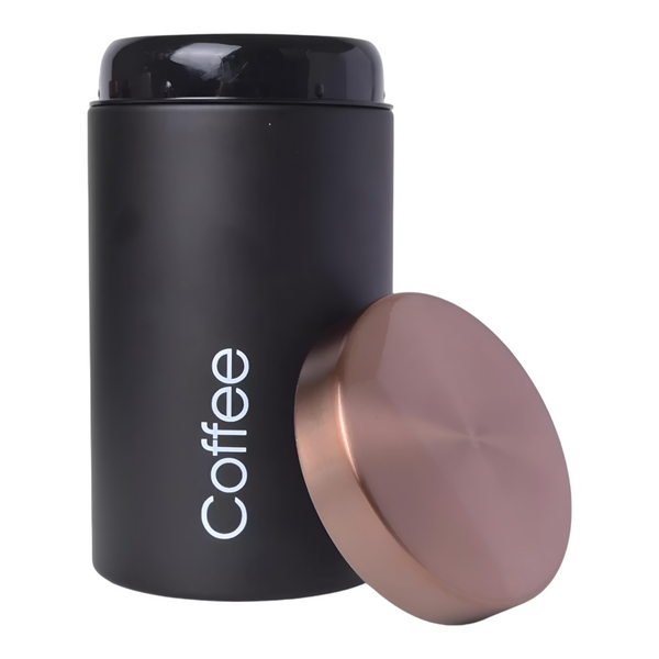 Set of three black metal kitchen canisters with rose gold lids, labelled sugar, tea, and coffee. PALM GIFTS