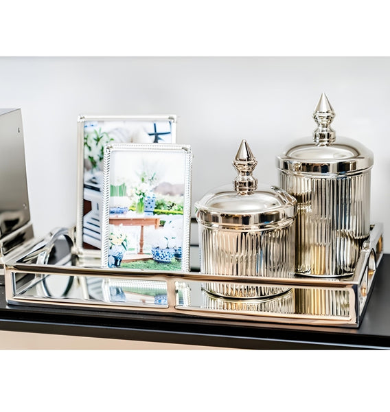 Silver Plated Rectangle Decorative Deluxe Mirror Tray with Arch Handles