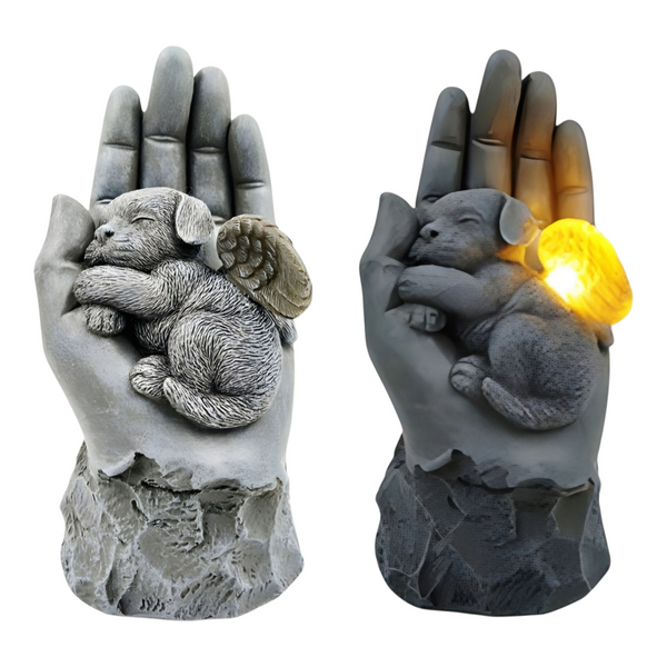 Dog Angel with Wings Sleeping In Hand Solar Light Garden Memorial Statue