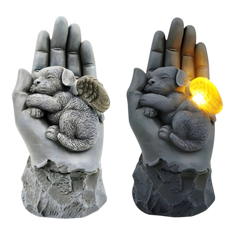 Dog Angel with Wings Sleeping In Hand Solar Light Garden Memorial Statue