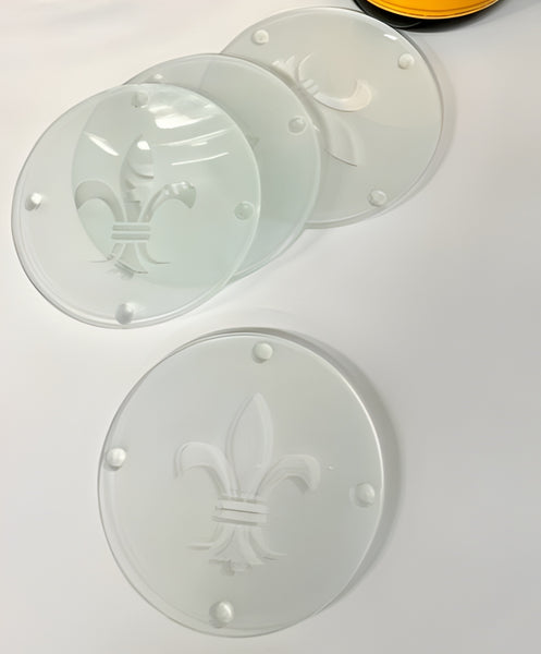 Set 4 Round Fleur De Lys Frosted Glass Coasters home decor barware coffee table bar modern elegance Palm Gifts