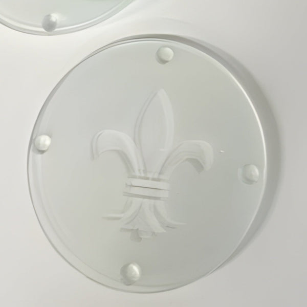 Set 4 Round Fleur De Lys Frosted Glass Coasters home decor barware coffee table bar modern elegance Palm Gifts