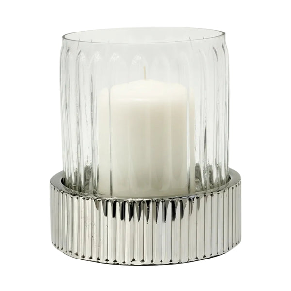 Fluted Glass Top Decorative Pillar Candle Holder & Silver Ribbed Base Palm Gifts